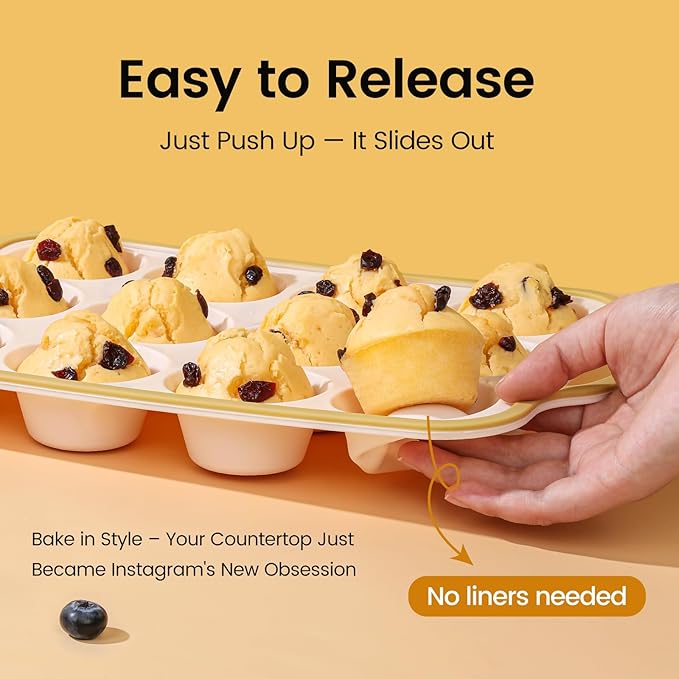 Silicone Muffin Pans for Baking 1 Pack, 2.6 Inch with Metal Reinforced Frame, Regular Size Nonstick Cupcake Pan 12 Cups for Baking Homemade Muffins, Dishwasher Safe BPA Free-Light Yellow