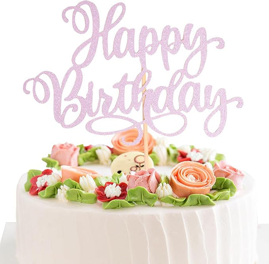 Happy Birthday Cake Toppers 9 Inch Glitter Happy Birthday Cake Toppers Pick for Birthday Anniversary Theme Party Cake Decorations Supplies - Litht Pink