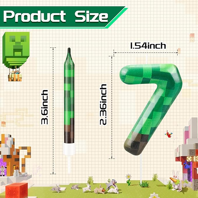 13 Pcs Dynamite Themed Birthday Cake Candles & Number 7 Candle Topper for Pixel Theme Birthday Party