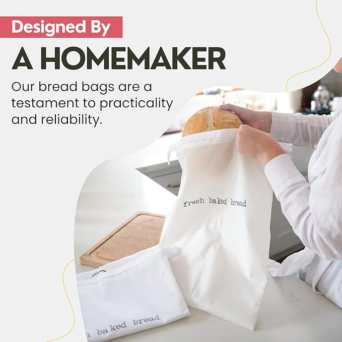 Reusable Bags for Homemade Bread Storage (2-Pack) - 13"W x 18"H - Plastic Fresh Bread Storage Bags - Metal Zipper & Buckle - Freezer Safe Bag, Machine Washable Sourdough Bag