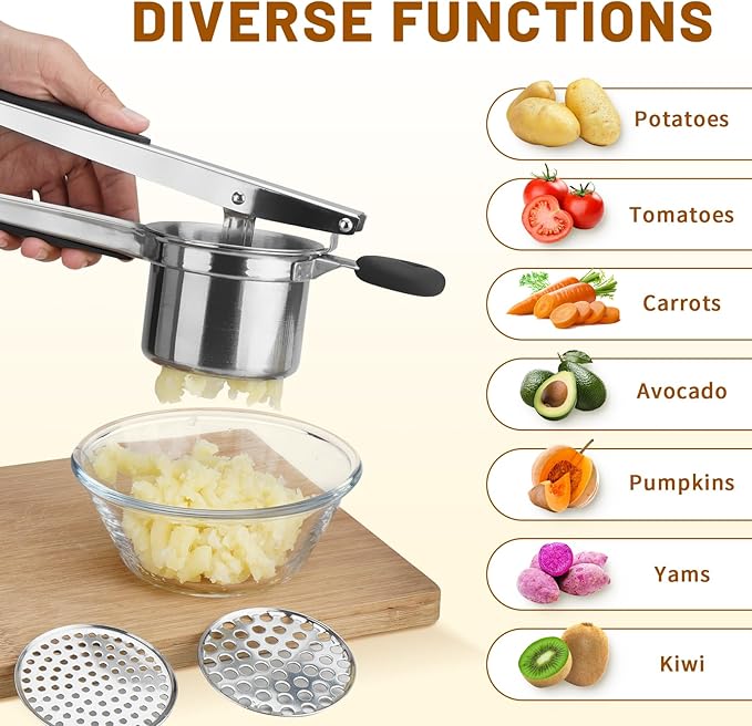 Potato Ricer 3 Interchangeable Discs Stainless Steel Potato Shredder for Smooth and Fluffy Mashed Potatoes, Puree, Fruit Juice, Baby Food (Silver)