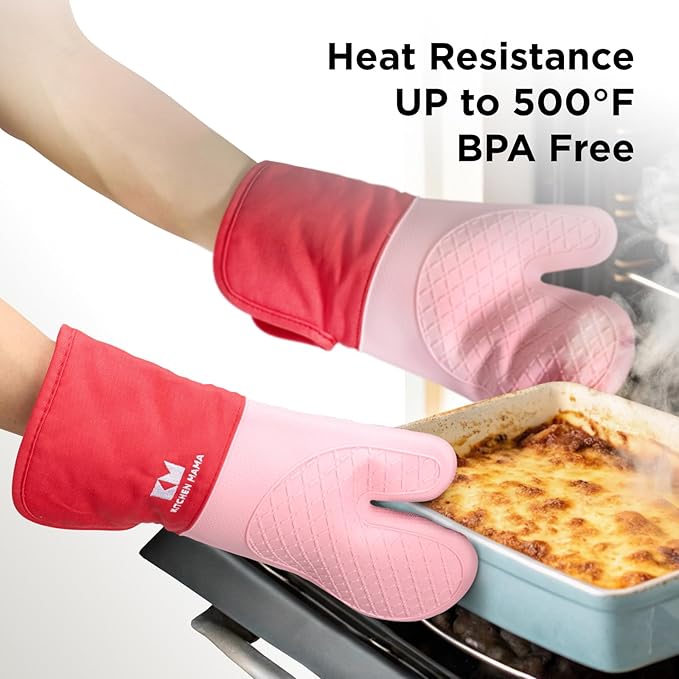 Kitchen Mama UltraShield Silicone Oven Mitts – Heat Resistant, Non-Slip Surface, Durable, Safe, Pot Holders, Flexible Waterproof Glove Set, Perfect for Cooking, Baking, Grilling, BBQ (Red)