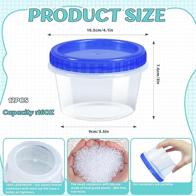 12 Pack Freezer Containers with Lids, 16 Oz Stackable Reusable Plastic Storage Container, Airtight Plastic Food Storage Containers with Twist Top Lids for Food Soup Jello Sauce