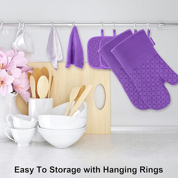 KEGOUU Oven Mitts and Pot Holders 6pcs Set, Kitchen Oven Glove High Heat Resistant 500 Degree Extra Long Oven Mitts and Potholder with Non-Slip Silicone Surface for Cooking (Purple)