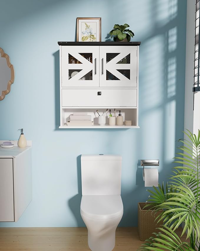 Wall Mounted Bathroom Cabinet with Double Doors, Flip-Down Storage and Open Shelf, Modern White Finish, Over-The-Toilet Space Saver Cabinet