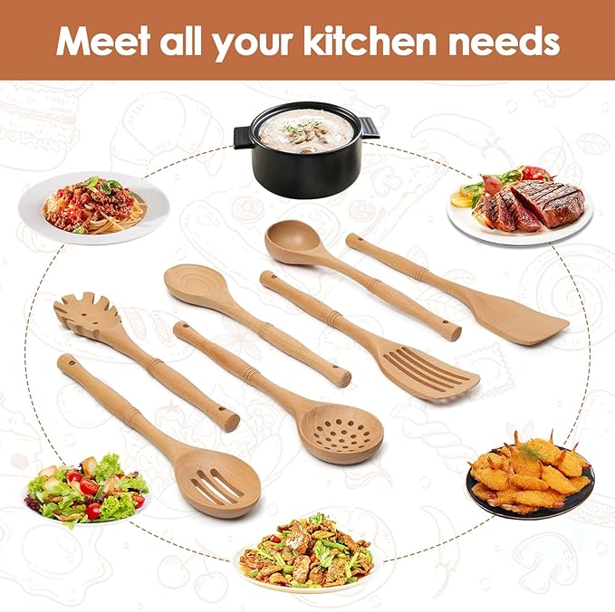 comfoyar Wooden Spoons for Cooking, 7 Pieces Kitchen Cooking Utenails Set with Spatula and Ladle, Heat Resistant Kitchen Cookware for Nonstick Pan-Beech