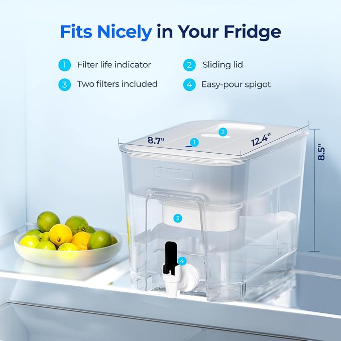 Waterdrop 40 Cup Dual Filter Dispenser, 8X Faster Filtration, 400-Gallon Lifespan, Water Filter Dispenser for Home/Office, 2 Replacements, 10X Longer Lifetime, Reduces Chlorine, PFOA/PFOS，White