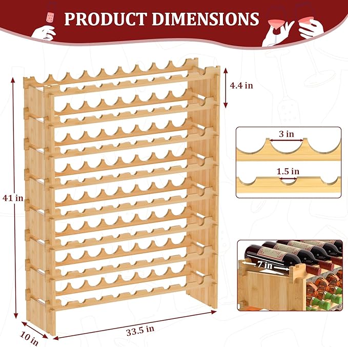 Domax Wine Rack Freestanding Floor - Bamboo Wooden Stackable 8 Tiers 72 Wine Bottle Holder Storage Racks for Kitchen, Bar, Pantry and Cellar (Yellow)