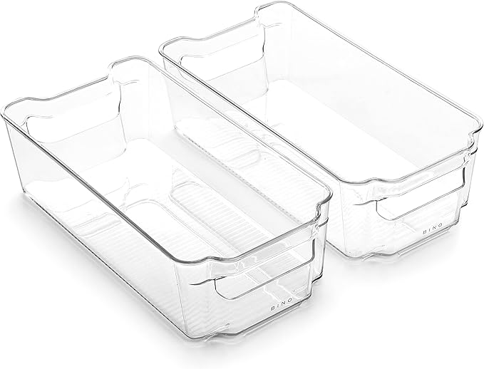 BINO | Stackable Storage Bins, Medium - 2 Pack THE STACKER COLLECTION Clear Plastic Built-In Handles BPA-Free Containers for Organizing Kitchen Pantry Multi-Use Organizer Bins