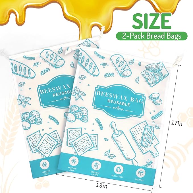 2-Pack Beeswax Bread Bags for Homemade Bread, Green Reusable Sourdough Storage Bags with Premium Beeswax Coating for Loafs Baguette Fresh Keeping,Great Homesteading Essentials and Baking Gifts.