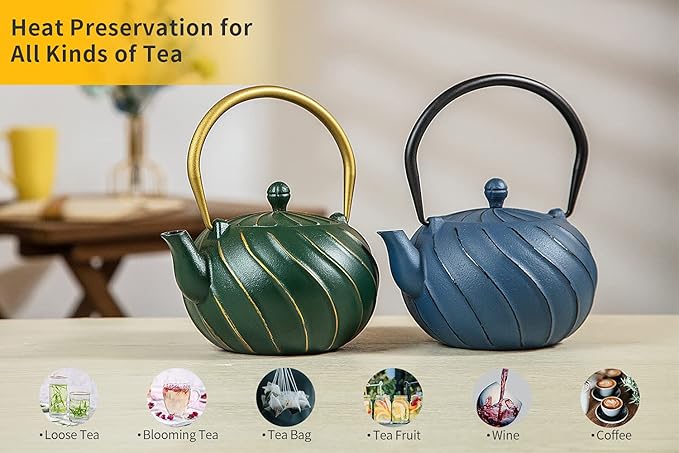 TOPTIER Japanese Cast Iron Teapot with Infuser, Stovetop Safe Teakettle, Wave Design, Enameled Interior, 30 oz (900 ml), Green