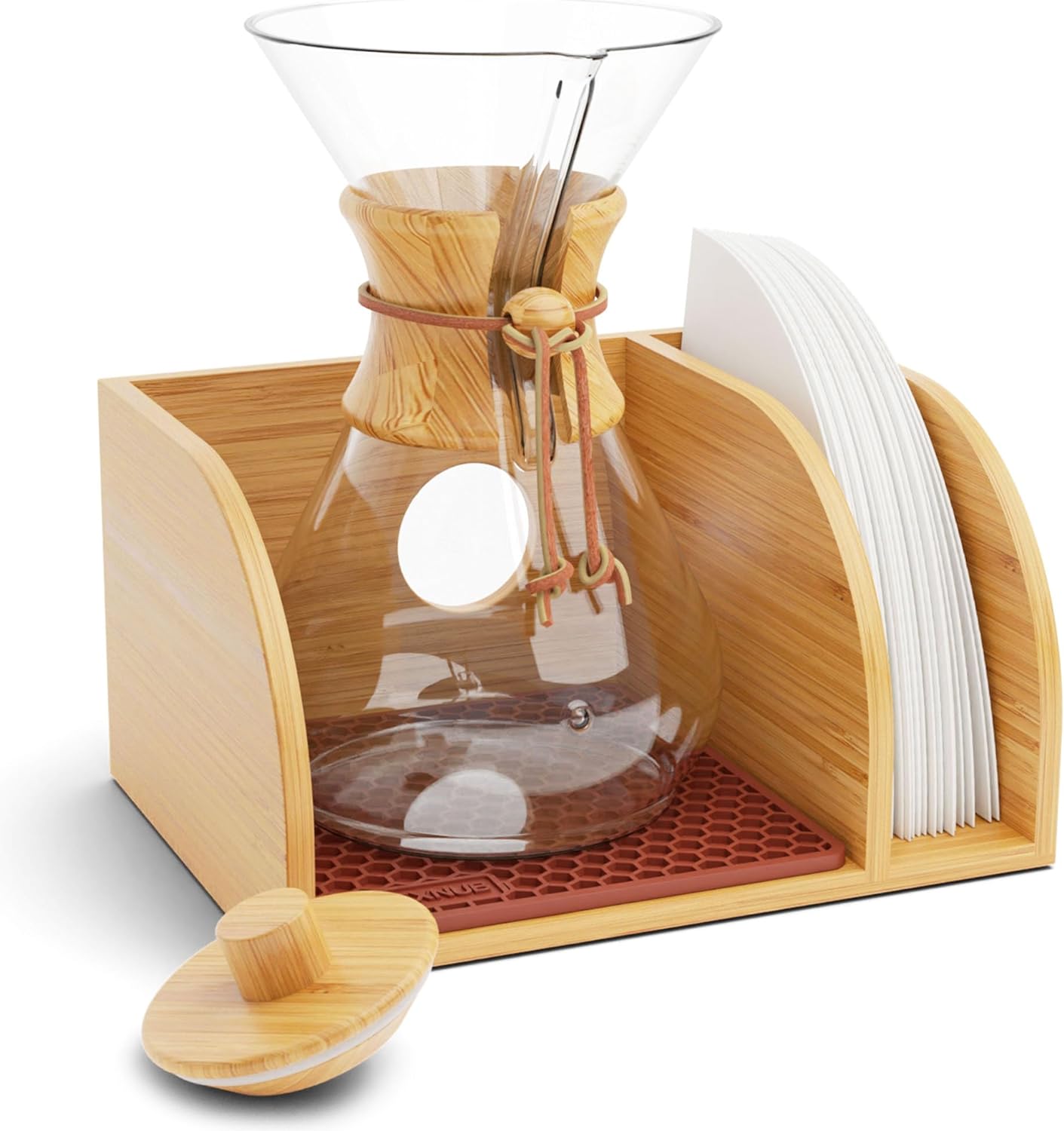 HEXNUB Caddy and Lid for Pour Over Coffee Maker, Bamboo Stand fits Chemex, Bodum, Cosori Carafes, Heatproof Mat, Filter Holder for Drip Coffee Maker - Brown Mat