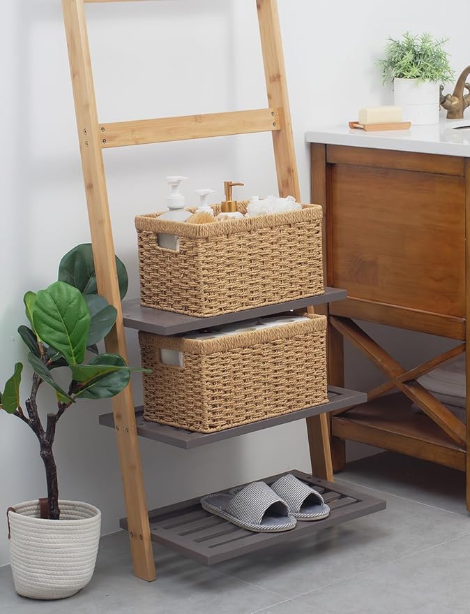 StorageWorks Round Paper Rope Storage Baskets, Rectangular Wicker Baskets with Built-in Handles, Medium, 13 ¼ x 8 ½ x 7 ¼ inches, 2-Pack