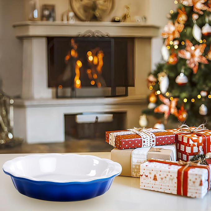 Lareina Ceramic 9 Inch Deep Dish Pie Pans, Set of 2, Blue, Non-Stick, Oven & Dishwasher Safe, Ideal for Baking Pies, Quiches, Cakes