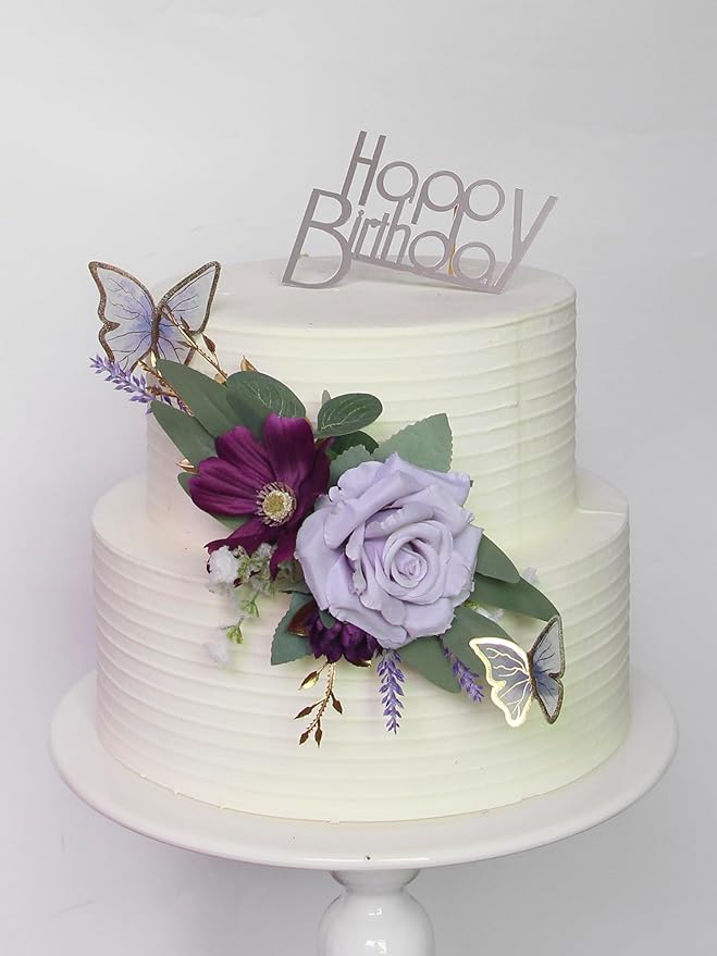 Rinlong 3Pcs Pre-made Purple Cake Flowers Decorations Flower Cake Topper Butterfly Cake Decorating Flowers for Wedding Sweet 16 Birthday Girl
