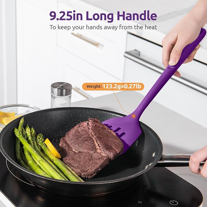 600ºF Heat Resistant Silicone Turners: U-Taste 13.6in Long Solid & Slotted Kitchen Spatula Flipper, Large Flexible Cooking Utensil for Flipping Egg, Pancake in Nonstick Cookware(Purple, 2PCS)