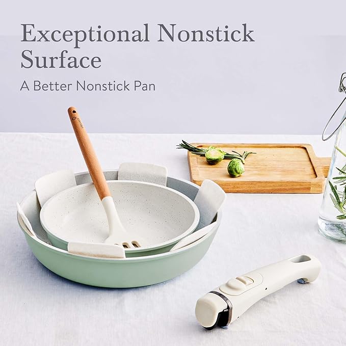 5 Piece Ceramic kitchen Cookware Set,Nonstick Pots and Pans with Removable Handles Stackable Camping Cookware Dishwasher&Oven Safe Frying Pan Green