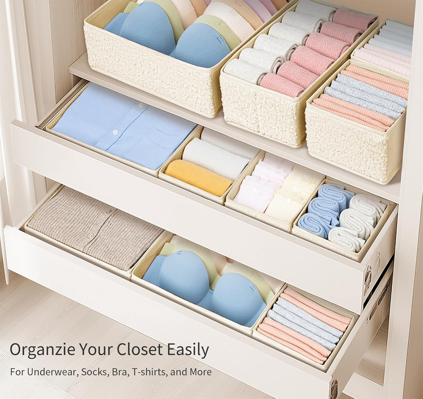 Drawer Organizer Clothes - 18 Pack Dresser Organizer for Nursery, Foldable Sock Underwear Organizer, Baby Drawer Organizer, Small Fabric Storage Bins for Dresser Drawer, Beige