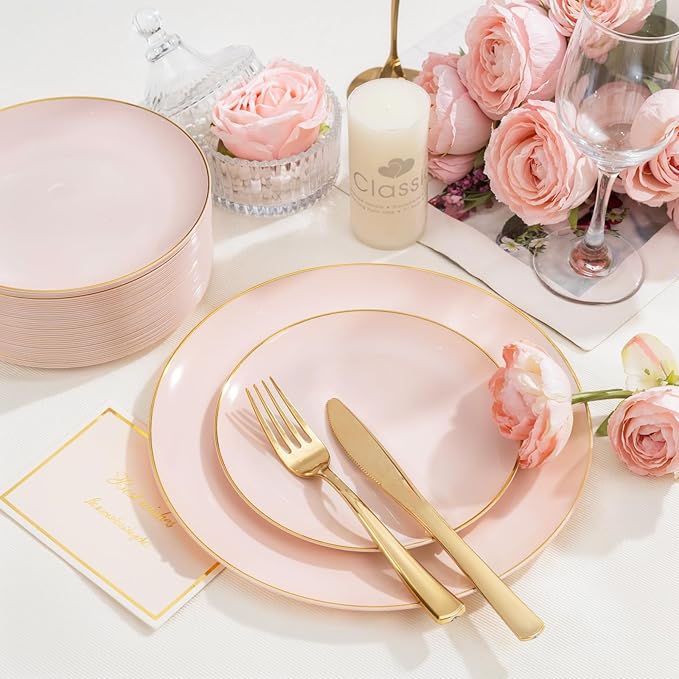 PULOTE 200Pieces Pink Plastic Plates - Premium Hard Pink and Gold Disposable - Include 100PCS 10 inch Dinner & 100PCS 7 inch Dessert Plates, Ideal for Wedding & Party