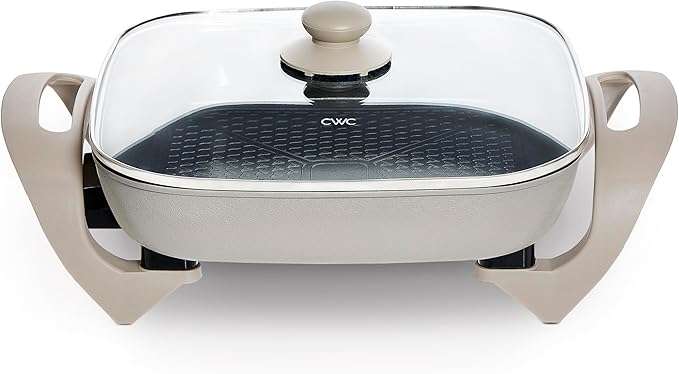 COOK WITH COLOR Electric Skillet - 12" x 12" Ceramic Nonstick Pan, PFAS-Free, 1400W, Tempered Glass Lid, Variable Temperature, Removable Heating Probe, Cool-Touch Handles, Sand