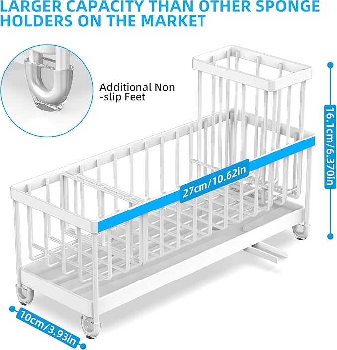 Moforoco Extra Large Kitchen Sink Caddy, Rustproof Sponge Holder for Kitchen Sink with High Brush Holder, Stainless Steel White Kitchen Caddy Sink Countertop Organizer, Sponge Caddy for Kitchen Sink