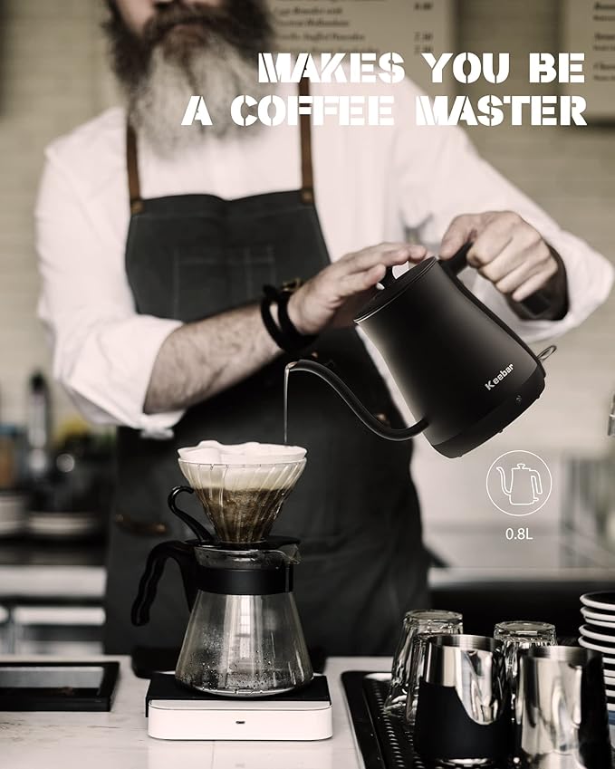 Electric Kettle, Gooseneck Kettle with Auto Shut Off, 0.8L Small Eletric Tea Kettle, Precise Spout Designed for Coffee Tea, 1000W Quick Heat Up, Stainless Steel, Matte Black