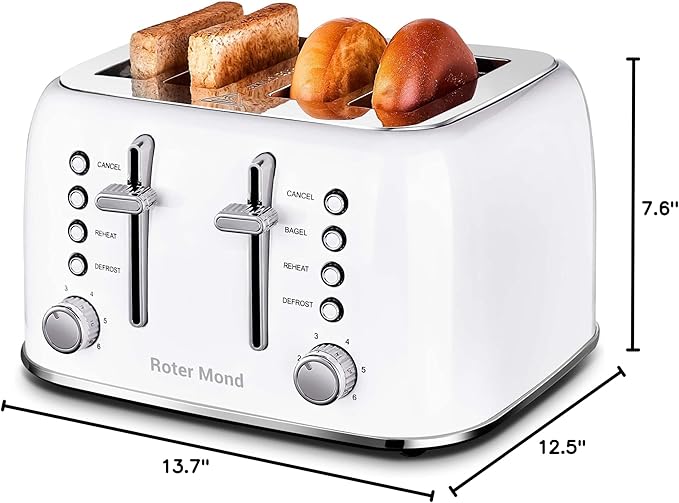 Toaster 4 Slice Retro Stainless Steel with Extra Wide Slots Bagel, Defrost, Reheat Function, Dual Independent Control Panel, Removable Crumb Tray, 6 Browning Levels, White