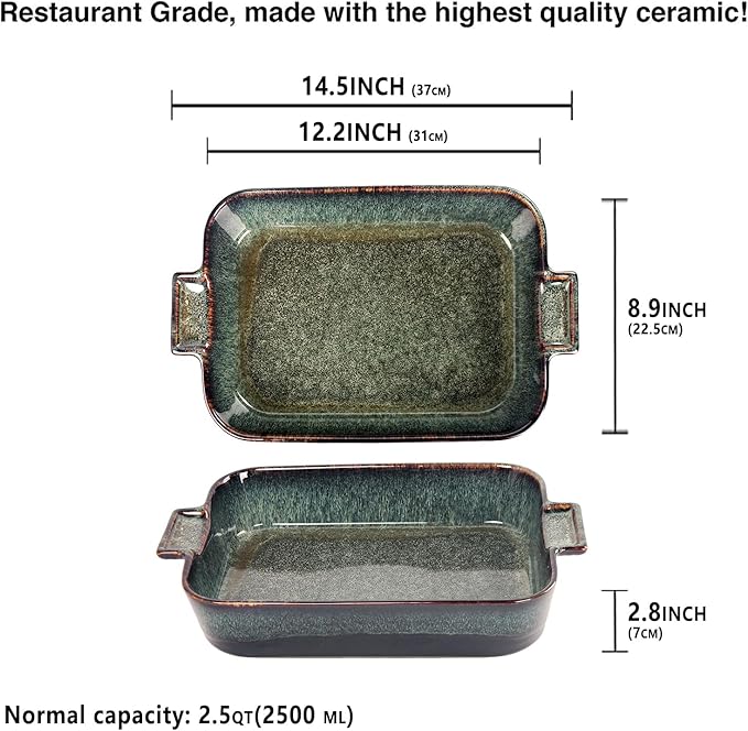 Ceramic Casserole Baking Dish 2.5 Quarts, for Baking Dish Lasagna Pans, Oven Safe Durable Bakeware for Kitchen Home Decor, Banquet and Dinner, Rectangular 1 pcs 12 x 8.5 Inch