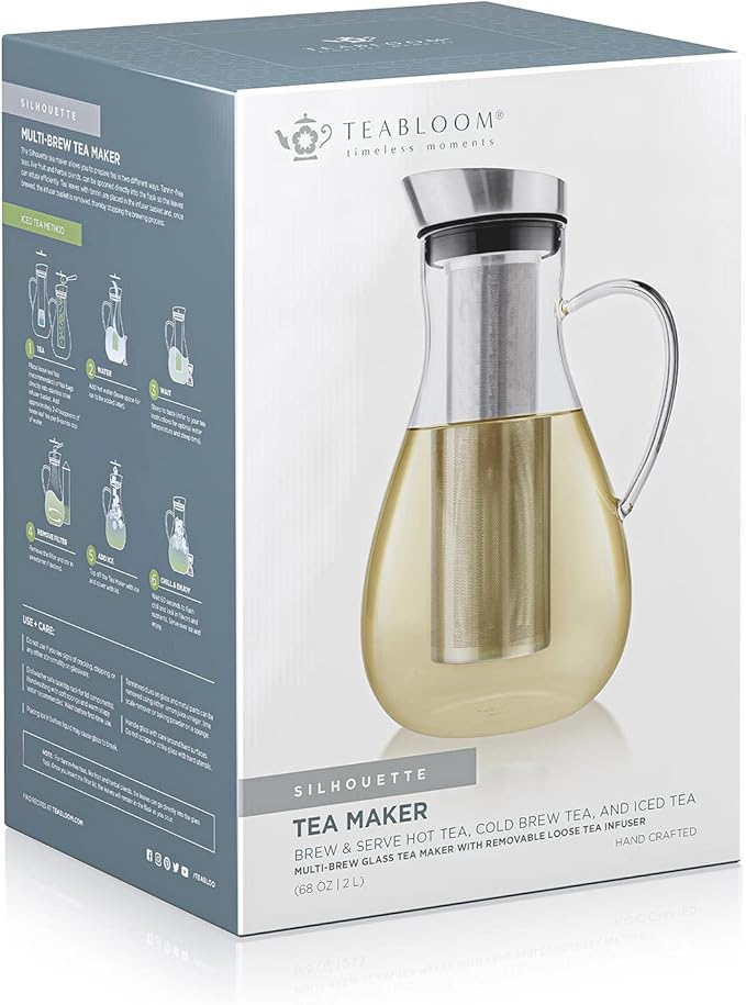Teabloom Large Multi-Brew Glass Teapot + Kettle + Pitcher (68 OZ / 2.0 L / 8 CUPS) – Brew and Serve Hot Tea, Iced Tea, Cold Brew Tea and Fruit Infused Water – Silhouette Tea Maker