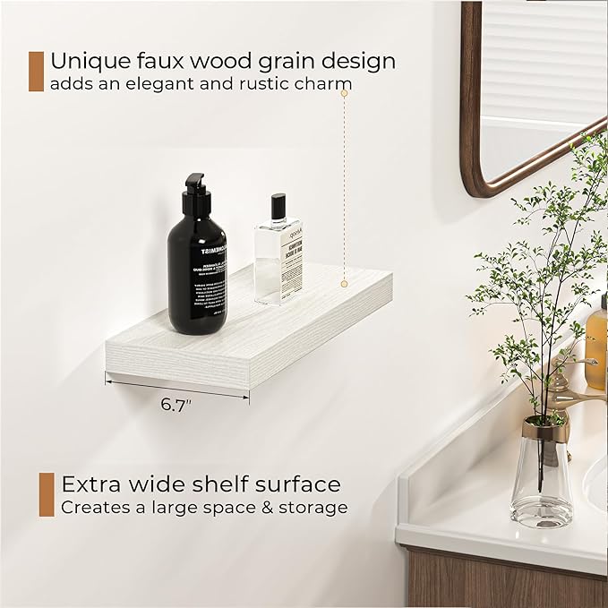 Fun Memories Floating Shelves - 16 Inch Rustic White Wall Shelf - Wall Mounted Shelves for Wall Decor Storage - Wooden Shelves with Invisible Brackets for Living Room, Bedroom, Kitchen, 2 Pack