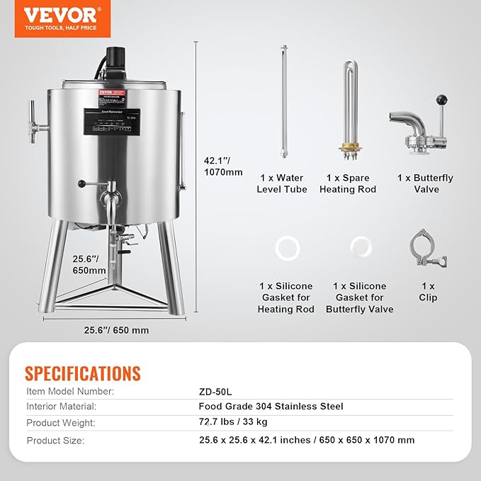 VEVOR Milk Pasteurizer 50L, Commercial Milk Pasteurization Machine, Food Grade 304 Stainless Steel, Professional Pasteurization with Time and Temperature Control, for Milk Juice Yogurt Sterilization