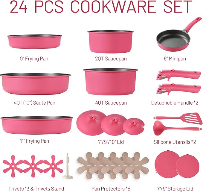 CAROTE 24pcs Pots and Pans Set Non Stick, Nonstick Cookware Set, Oven/Dishwasher/Fridge Safe Pots and Pans, RV Safe Cookware, Induction Kitchen Gift Set Detachable Handle, Pink