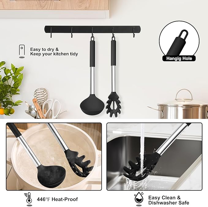 TeamFar Silicone Pasta Fork and Ladle Spoon Set, 2 Pcs Large Nonstick Kitchen Utensils with Stainless Steel Handle for Cooking, Draining, Serving Soup, Sauce, Spaghetti, Healthy & Heat-Proof, Black