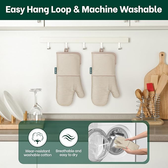 Beneno Kitchen Oven Mitts 2-Pack Heat Resistant to 500°F with Non-Slip Silicone Grip, Extra Long 14.3" Forearm Protection, Soft Quilted Cotton Terry Lining, Ideal for Cooking, Baking, Grilling, Beige