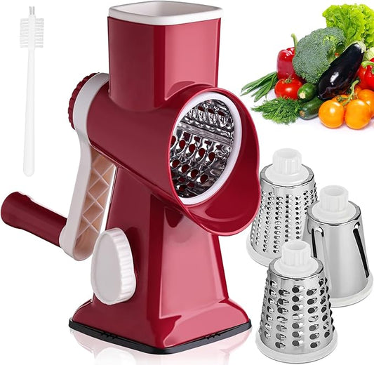 HANSGO Rotary Cheese Grater, Hand Crank Cheese Shredder, Vegetable Slicer for Kitchen, 3 Interchangeable Blades for Potatoes Carrots Onion Zucchini Nuts Chocolate Fruits, Red