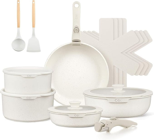 KOCH SYSTEME CS 17 PCS Pots and Pans Set, Nonstick Cookware Set Detachable Handle, Induction Kitchen Cookware Sets Non Stick with Removable Handle, RV cookware set, White