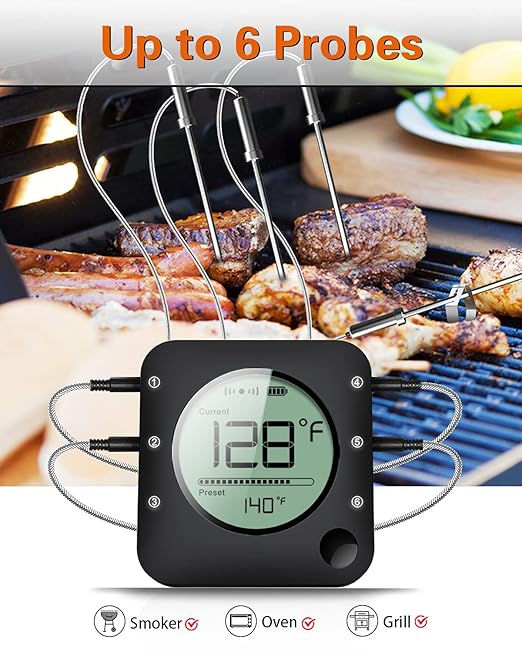 BFOUR Wireless Grill Thermometer, Bluetooth Meat Thermometer, Digital BBQ Meat Thermometer for Grilling Smoker Oven, Smart APP Alarm Monitor Instant Read with 4 Stainless Steel Probes