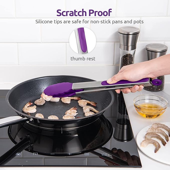 600ºF Heat Resistant Kitchen Tongs: U-Taste 12 inch Large Silicone Cooking Tong with Sturdy Non Stick Rubber Tips & Silicon Coated 18/8 Stainless Steel Handle & Smooth Locking for Serving Grill-Purple