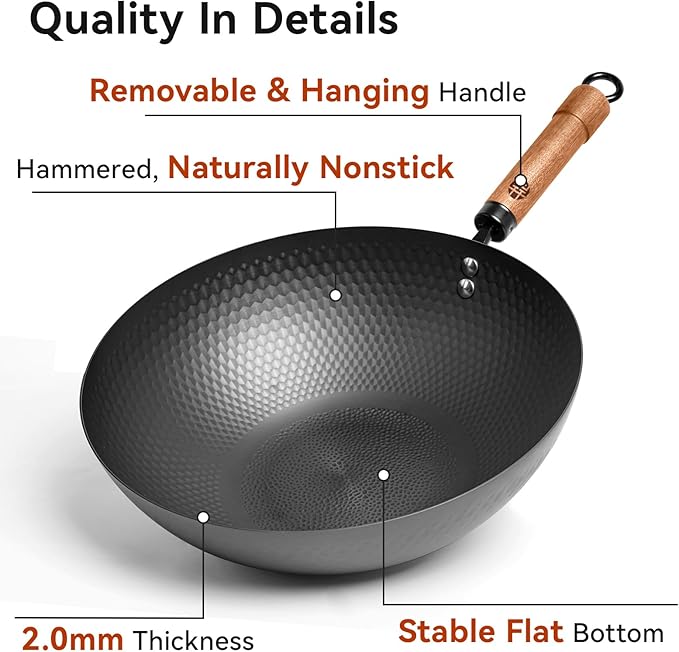 WANGYUANJI 12.6-Inch Wok Pan with Lid, Flat Bottom Wok with Detachable Wooden Handle, Compatible with All Stovetops