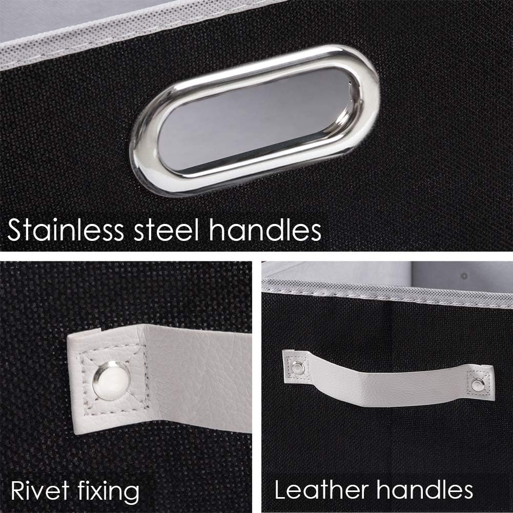 PRANDOM Large Collapsible Storage Bins for Closet [3-Pack] Decorative Fabric Storage Baskets Cubes with Leather/Metal Handles for Shelves Bedroom Living Room Black (14.9x9.8x8.3 Inch)