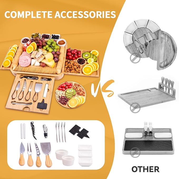 Charcuterie Board Gift Set, Bamboo Cheese Board Gift Set with 20 Accessories, Large Charcuterie Boards Set for House Warming, Wedding, Bridal Shower