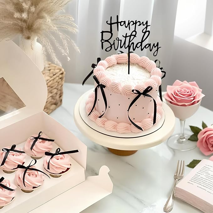 Black Bow Cake Topper Bowknot Ribbons Cupcake Toppers Bow Tie Cake Decorations Black Coquette Bows Cupcake Dessert Picks Happy Birthday Pick for Girl Birthday Princess Wedding Party Supplies 7Pcs
