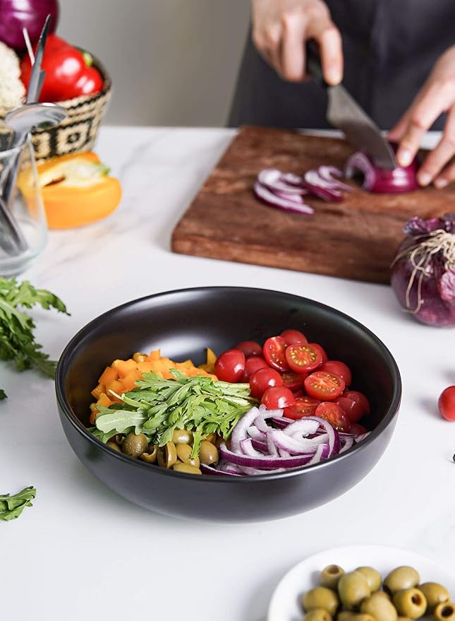 LE TAUCI Pasta Bowls 45 oz, Salad Bowls Set for Serving Soup, Pasta, Noodle, Dinner, Large Kitchen Bowl Plates, Microwave Safe - 8.5 Inch, Set of 4, Matte Black