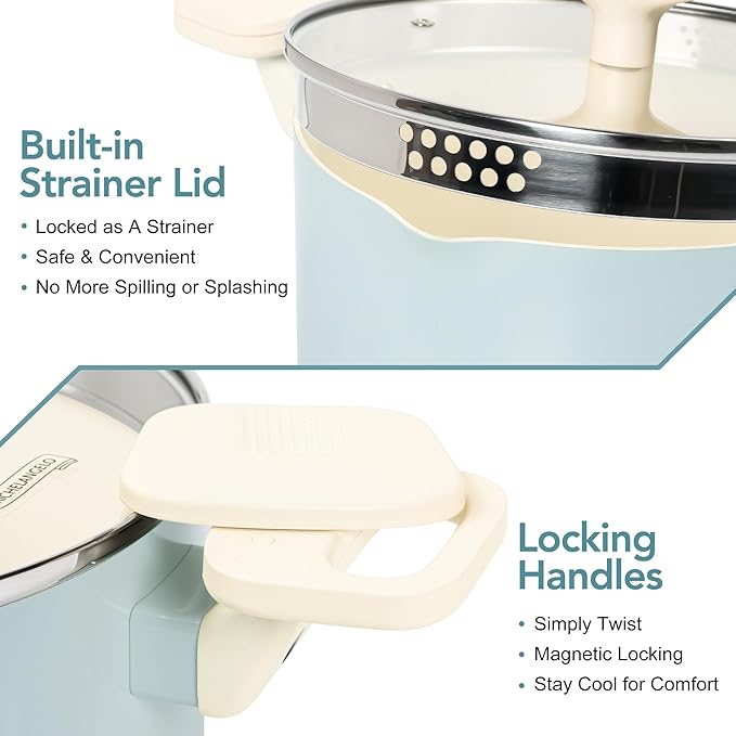 MICHELANGELO Pasta Pot with Strainer Lid - 6 Quart Cooking Pot with Lid, Non Stick Spaghetti Pot Ceramic Coated with Twist and Lock Handles for Easy Draining, Induction Compatible, Soft Aqua