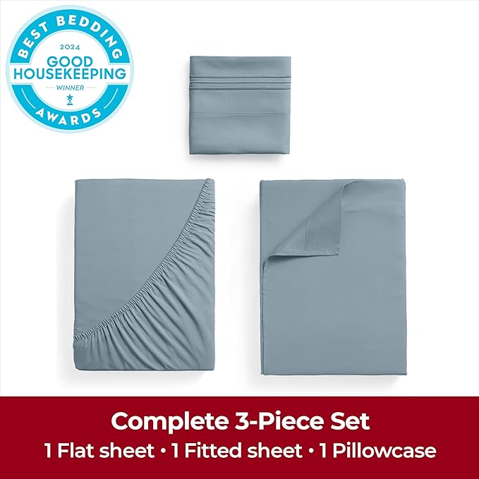 Mellanni Twin Sheets Set - 3 PC Iconic Collection Bedding - Hotel Luxury, Extra Soft, Cooling Bed Sheets - Wrinkle, Fade, Stain Resistant (Twin, Spa Blue)