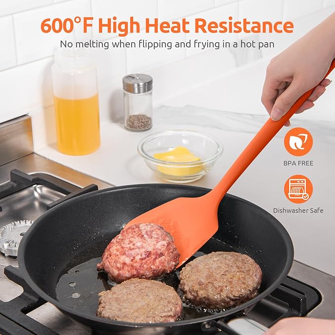 600ºF Heat Resistant Silicone Turners: U-Taste 13.6in Long Solid & Slotted Kitchen Spatula Flipper, Large Flexible Cooking Utensil for Flipping Egg, Pancake in Nonstick Cookware(Orange, 2PCS)