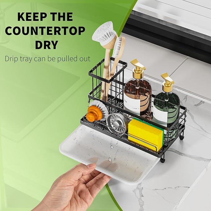 Cisily Large Capacity Kitchen Sink Caddy Organizer, Rustproof Non-Slip Sponge Holder With Dish Brush Holder Organizer, Kitchen Organization and Storage, Essentials Accessories for Countertop