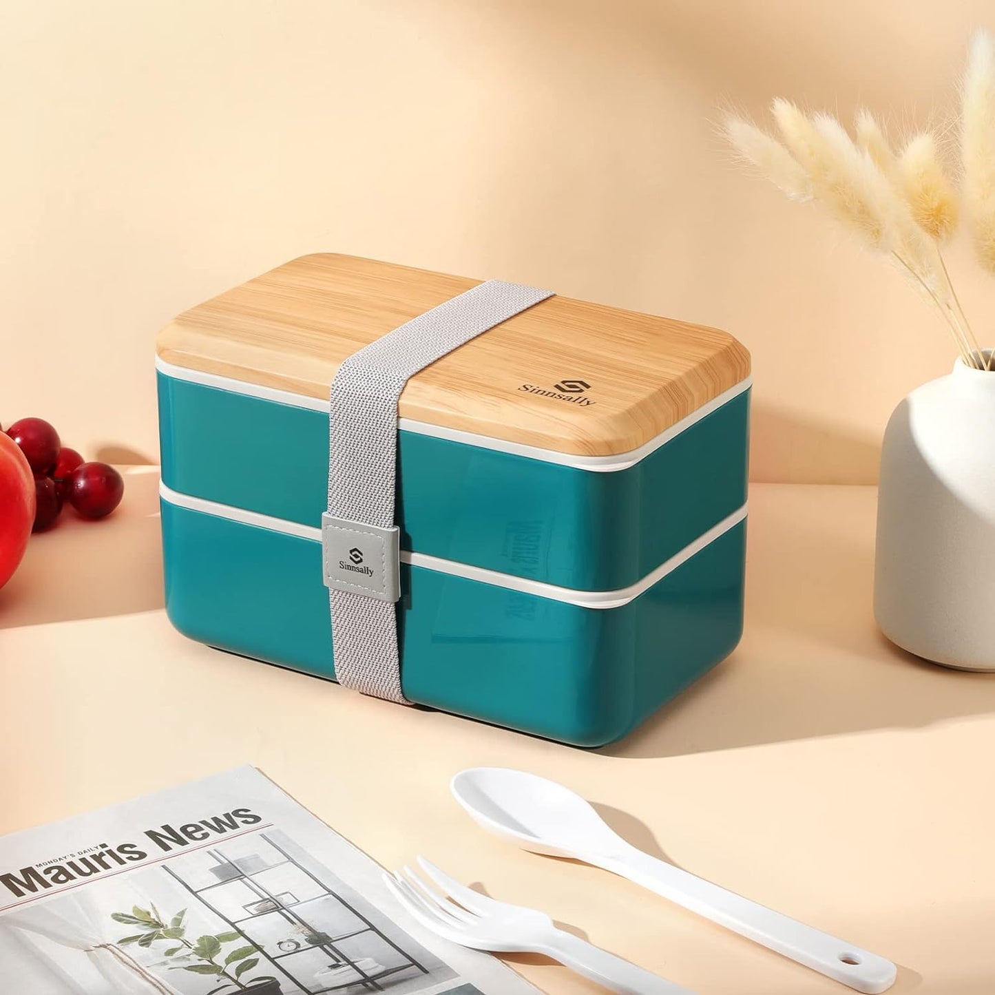 Sinnsally Bento Box Adult Lunch Box,Stackable Japanese Bento Lunch Box Containers for Women/Men with Compartments(47oz),Lunch Containers with Utensil Set,Leak-Proof Lunchbox,Rectangle(Nordic Green)