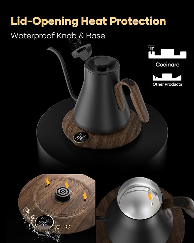 Cocinare FLOW B9 Gooseneck Electric Kettle, Precise Temperature Control for Pour-Over Coffee & Tea Brewing, Stainless Steel Interior, Rapid Heating for Boiling Water 1500W/0.9L (Black Wooden)