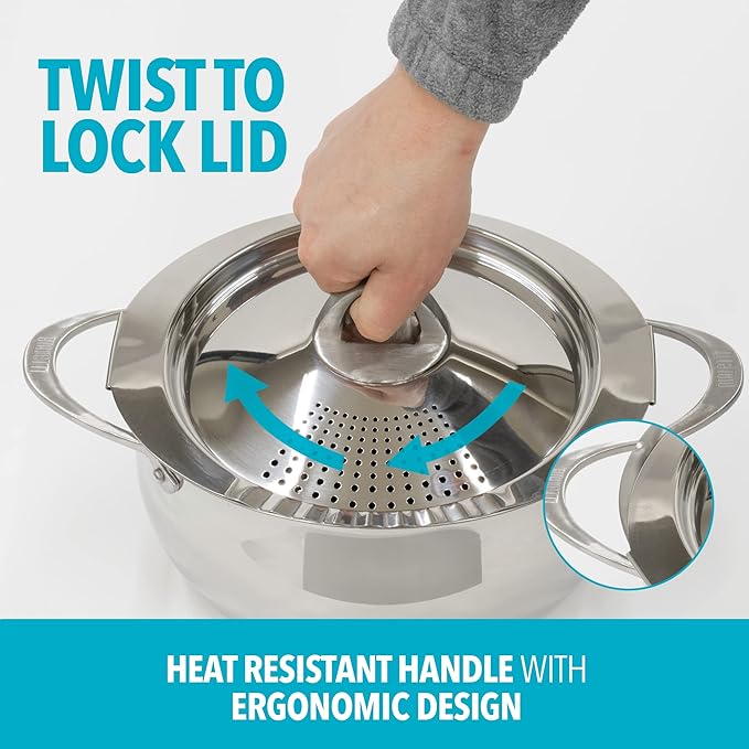 Bialetti 6-Quart Nonstick Aluminum Pasta Pot with Strainer Lid and Handles, PFOA-Free Nonstick Oval Cooking Pot and Lid, Silver